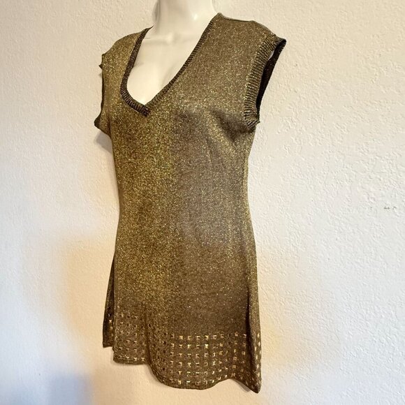 dots brand Gold Metallic Knit V-Neck Sleeveless Tunic Top With Studded Hemline S - Picture 9 of 9